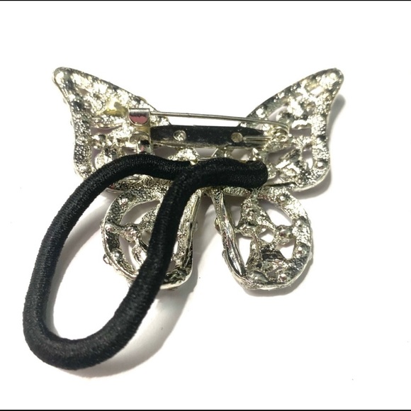 Ponytail Holder Brooch Green Rhinestones 2 In 1 Butterfly - Picture 2 of 2